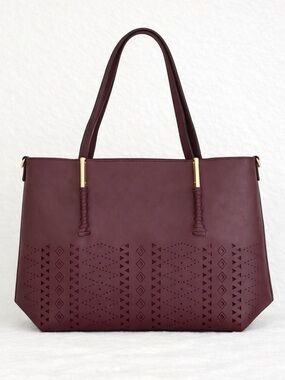 Burgundy Semi‑PU Tote Purse Structured Laser Cut Design Large Shoulder Bag